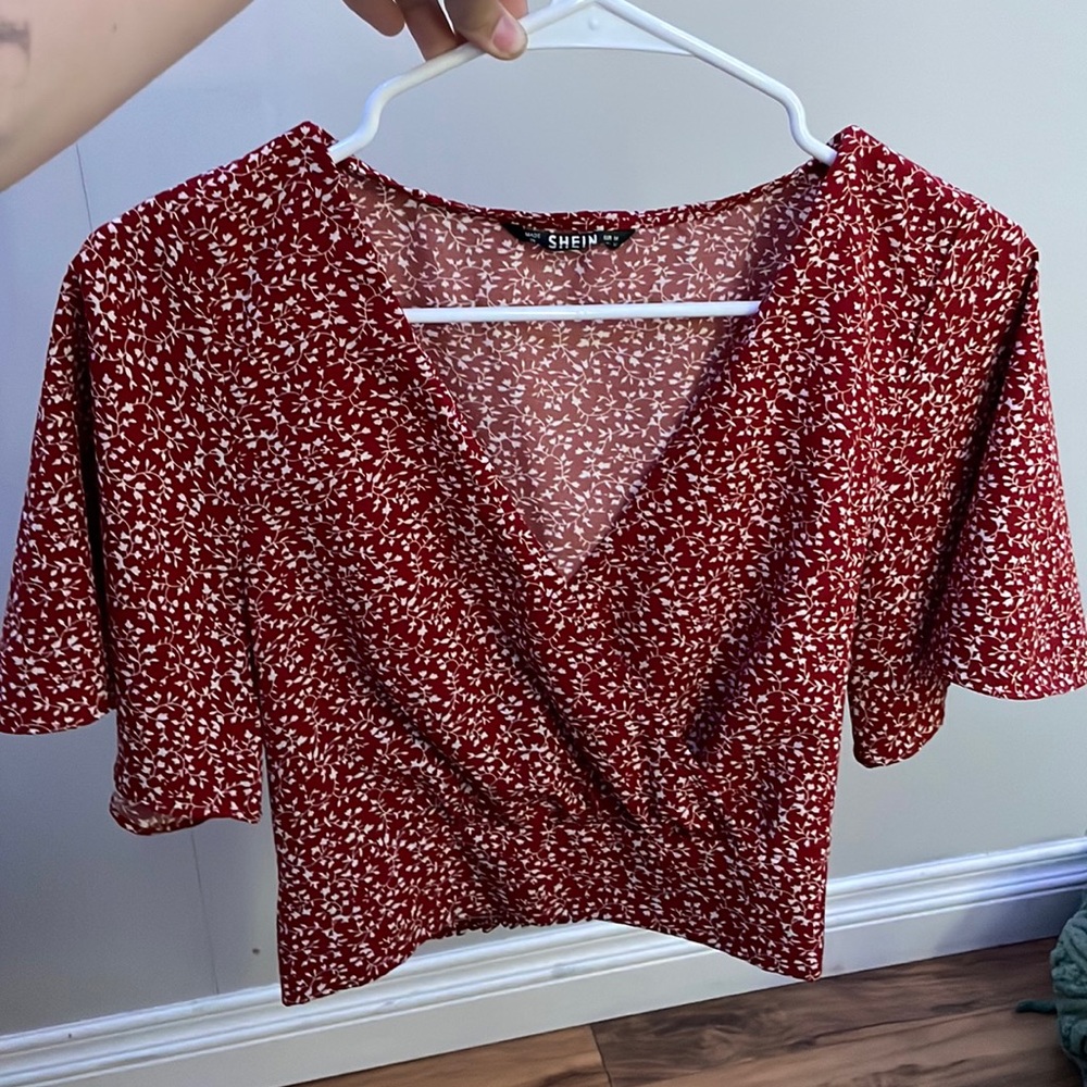 shein red floral v neck blouse